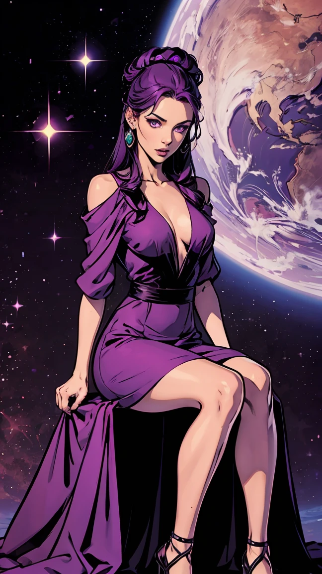 Gemstones Space Background Sitting on the throne Purple Hair Purple eyes Purple Dress beautiful girl