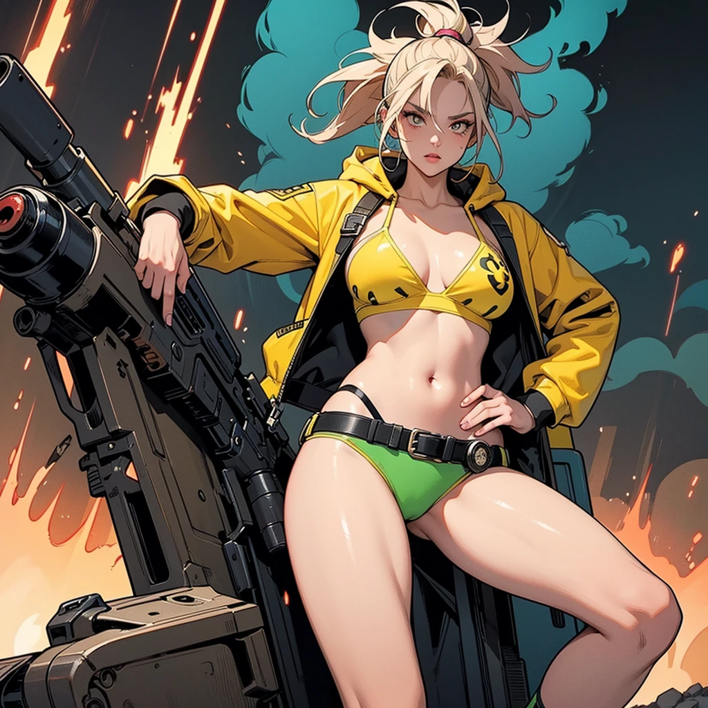  A highly detailed and dynamic illustration of a Tank Girl-like character in a post-apocalyptic setting. The character is wearing a yellow Pikachu-inspired hoodie, with a target-patterned bikini top, pink bikini, and mismatched socks. She is carrying a large gun and a revolver, with grenades attached to her belt. Her hair is vibrant green and she has a confident, rebellious expression. The background features a dramatic fiery landscape with smoke and embers, creating an intense atmosphere. The overall style should be reminiscent of comic book art with bold lines, vibrant colors, and a gritty, energetic aesthetic.
