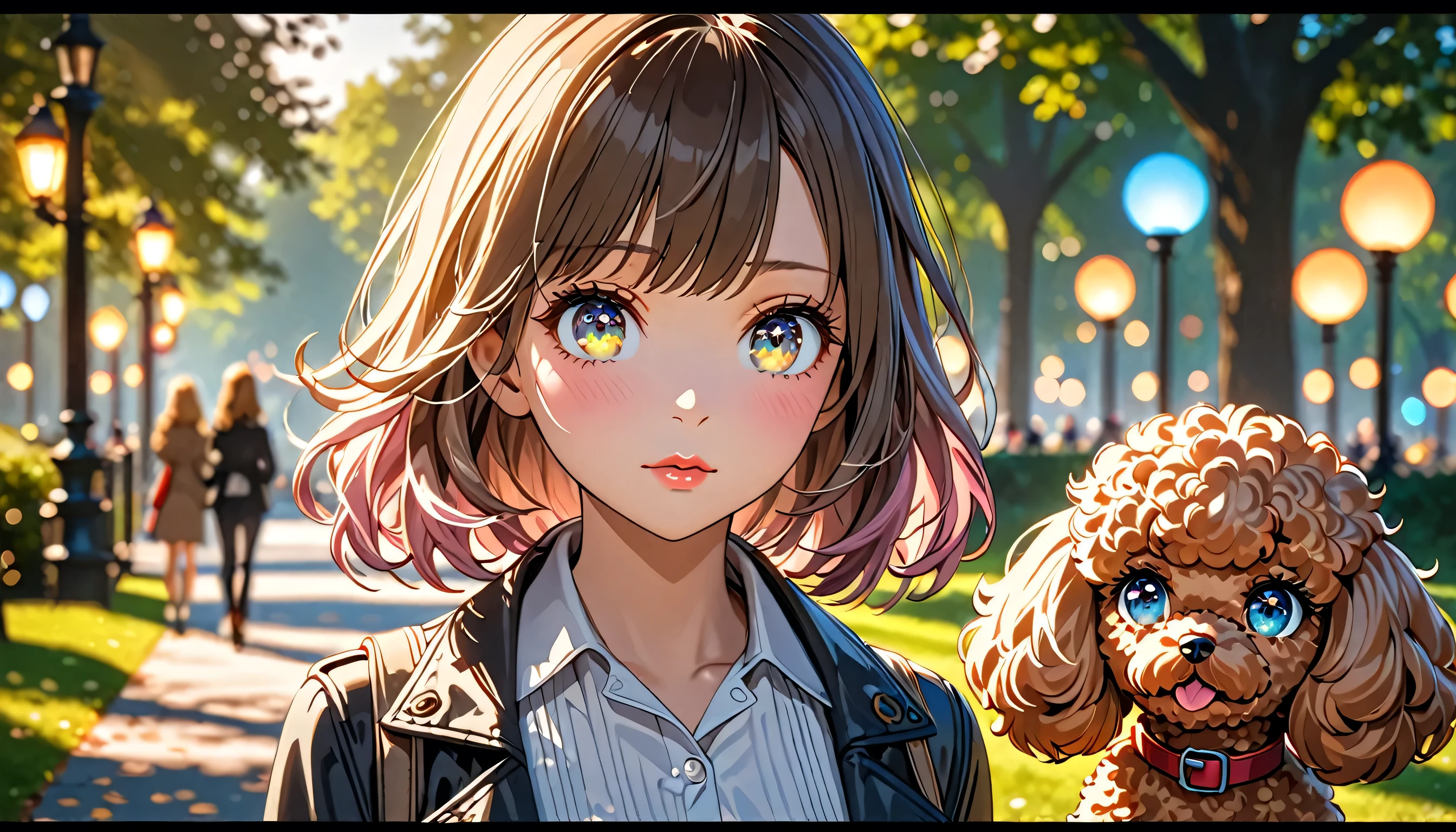 a girl and a toy poodle walking in a park, the girl looks a little nervous but the toy poodle is walking beside her, beautiful detailed eyes, beautiful detailed lips, extremely detailed eyes and face, long eyelashes, animetic, HDR, UHD, studio lighting, ultra-fine painting, sharp focus, physically-based rendering, extreme detail description, professional, vivid colors, bokeh, portraits, romance, cinematic lighting, soft warm colors, shallow depth of field