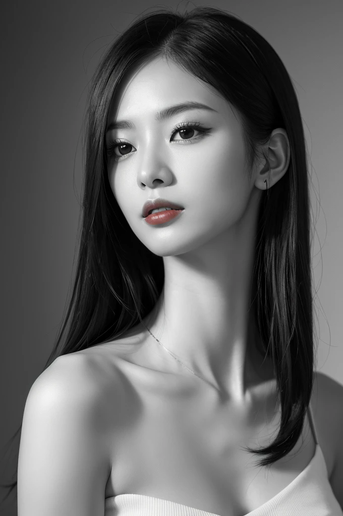 masterpiece, Highest quality, Photorealistic, Very detailed, In detail, High resolution, 8k wallpaper, Professional, High level of detail, ((Black and white photography)), One Girl, Skinny Japanese woman, ((Look forward)), ((Only the lips are red)), Collarbone Detail, Perfect Face, Straight hair, (Look straight at the camera)