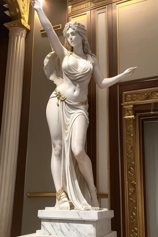 Museum、Marble statue, Greek Goddess, Full engraving, Laurel wreath, Detailed face, Wearing a toga,  Beautiful breasts, well-proportioned body, Feminine body, floating, On a pedestal, Holding a volleyball, Dynamic pose, Floral Base, masterpiece, Highest quality, Very detailed Very detailed, dramatic, Cinema Lighting, Contrast, High resolution, Ultra-realistic, Realistic,