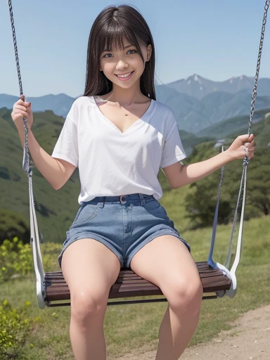 Japanese female, a lot of details, (underweight), detailed black hair, beautiful detailed hair, super fucking beautiful, delicate beautiful face, complex details beautiful and delicate eyes, perfect hands, (flat chest best quality:1.5), perfect and delicate limbs, detailed skin, best quality, ultra-detailed,(cheerful grin:1.5),
mountain, sky, Swing, riding Swing, two side up, (white t-shirt), (blue shorts), in the sky, on the mountain, (with a Swing), full body shot,extreme long shot,from front, gigantic scale