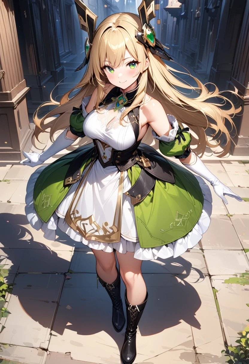 (masterpiece),(best quality),(ultra-detailed),(best illustration),(best shadow),(absurdres),(detailed background),(very aesthetic), 1girl, green-eyes, solo, gloves, blonde-hair, ((long-hair)), white-gloves, looking-at-viewer, full-body, simple-background, boots, dress, breasts, smile, standing, hair-ornament, closed-mouth, bangs, knee-boots, medium-breasts, bare-shoulders, detached-sleeves, ribbon, headgear, blush, sleeveless, elbow-gloves, skirt