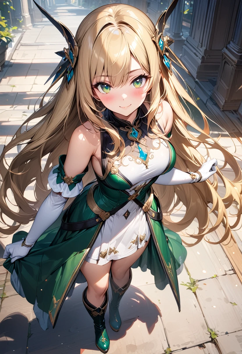 (masterpiece),(best quality),(ultra-detailed),(best illustration),(best shadow),(absurdres),(detailed background),(very aesthetic), 1girl, green-eyes, solo, gloves, blonde-hair, ((long-hair)), white-gloves, looking-at-viewer, full-body, simple-background, boots, dress, breasts, smile, standing, hair-ornament, closed-mouth, bangs, knee-boots, medium-breasts, bare-shoulders, detached-sleeves, ribbon, headgear, blush, sleeveless, elbow-gloves, skirt