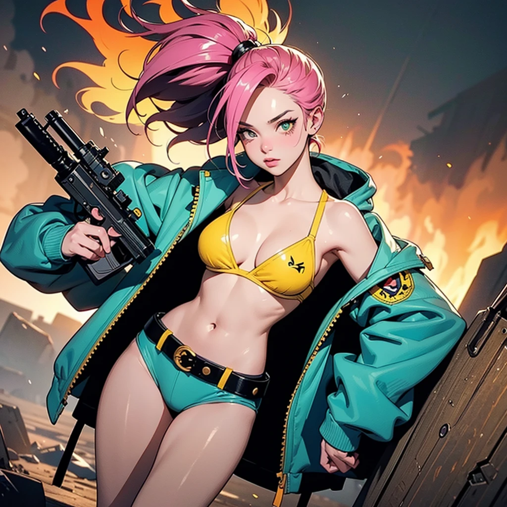  A highly detailed and dynamic illustration of a Tank Girl-like character in a post-apocalyptic setting. The character is wearing a yellow Pikachu-inspired hoodie, with a target-patterned bikini top, pink bikini, and mismatched socks. She is carrying a large gun and a revolver, with grenades attached to her belt. Her hair is vibrant green and she has a confident, rebellious expression. The background features a dramatic fiery landscape with smoke and embers, creating an intense atmosphere. The overall style should be reminiscent of comic book art with bold lines, vibrant colors, and a gritty, energetic aesthetic.
