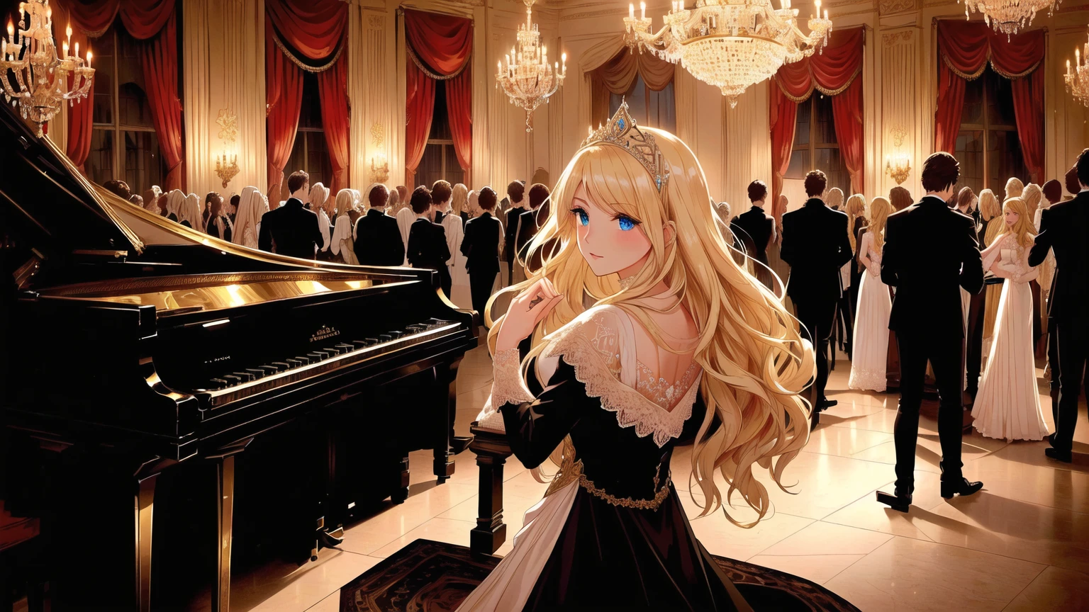 A young blonde lady with blue eyes playing the piano at an old-fashioned masquerade ball. The scene should capture the elegance and mystery of the event. The woman has long, wavy blonde hair and is wearing a light-colored, perhaps white or pastel, period dress with lace and embroidery details. She is focused on playing a grand black piano with a glossy finish and ornate details, with some sheet music open on it. The ballroom is grand with high ceilings, crystal chandeliers, and luxurious decorations. All guests are wearing elaborate Venetian-style masks with feathers, gemstones, and intricate designs. The ball has an air of 18th or 19th-century opulence, with period attire including long gowns, waistcoats, tailcoats, and period accessories. The lighting is soft, with candlelight and chandeliers creating a romantic and mysterious atmosphere. The dance floor features couples dancing elegantly, with tables of fine food and drinks arranged around the hall. In the background, there are decorative columns and arches, with rich and subtle tones evoking a luxurious and mysterious ambiance.