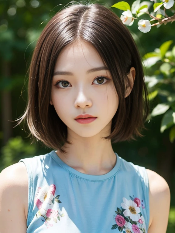 、(masterpiece、Highest quality)、Highest quality, Ultra-high resolution, (((masterpiece))), alone, Sweat、Big eyes, Sleeveless、Outdoor、Floral Dress、Composition from the front、(後ろCut your hair short、short hair、bionde、woman)、Shortcuts、Embarrassed face、Cut your hair short、Cute woman's 、Big Breasts、Browsing Caution