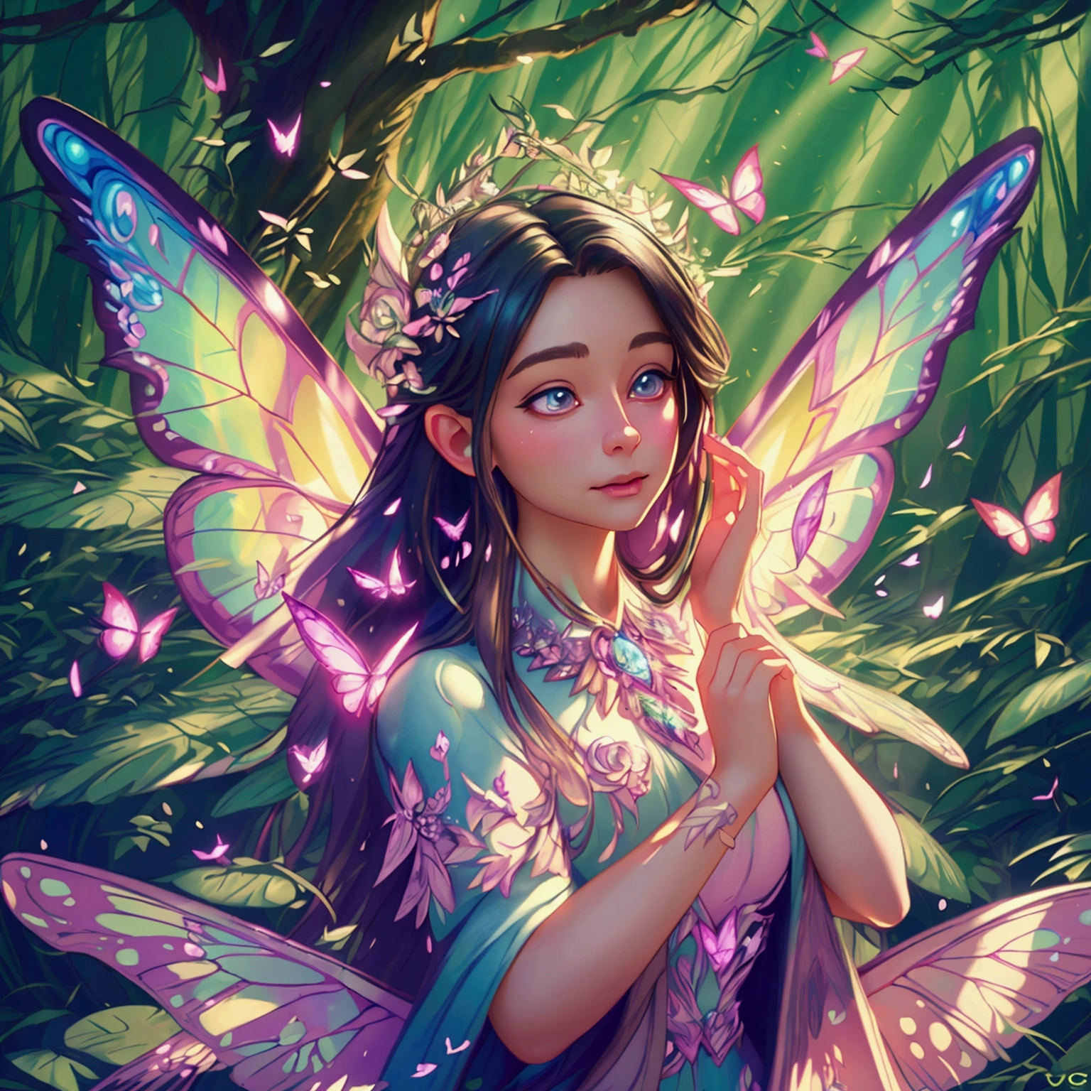 a fairy with multi colored wings of light flying through an enchanted forest,1girl,extremely detailed face and eyes,gorgeous fairy with beautiful flowing hair,colorful and glowing butterfly wings,enchanted forest with glowing mushrooms and flowers,sunlight filtering through the trees,cinematic lighting,vibrant colors,whimsical fantasy art,digital painting,(best quality,4k,8k,highres,masterpiece:1.2),ultra-detailed,(realistic,photorealistic,photo-realistic:1.37)