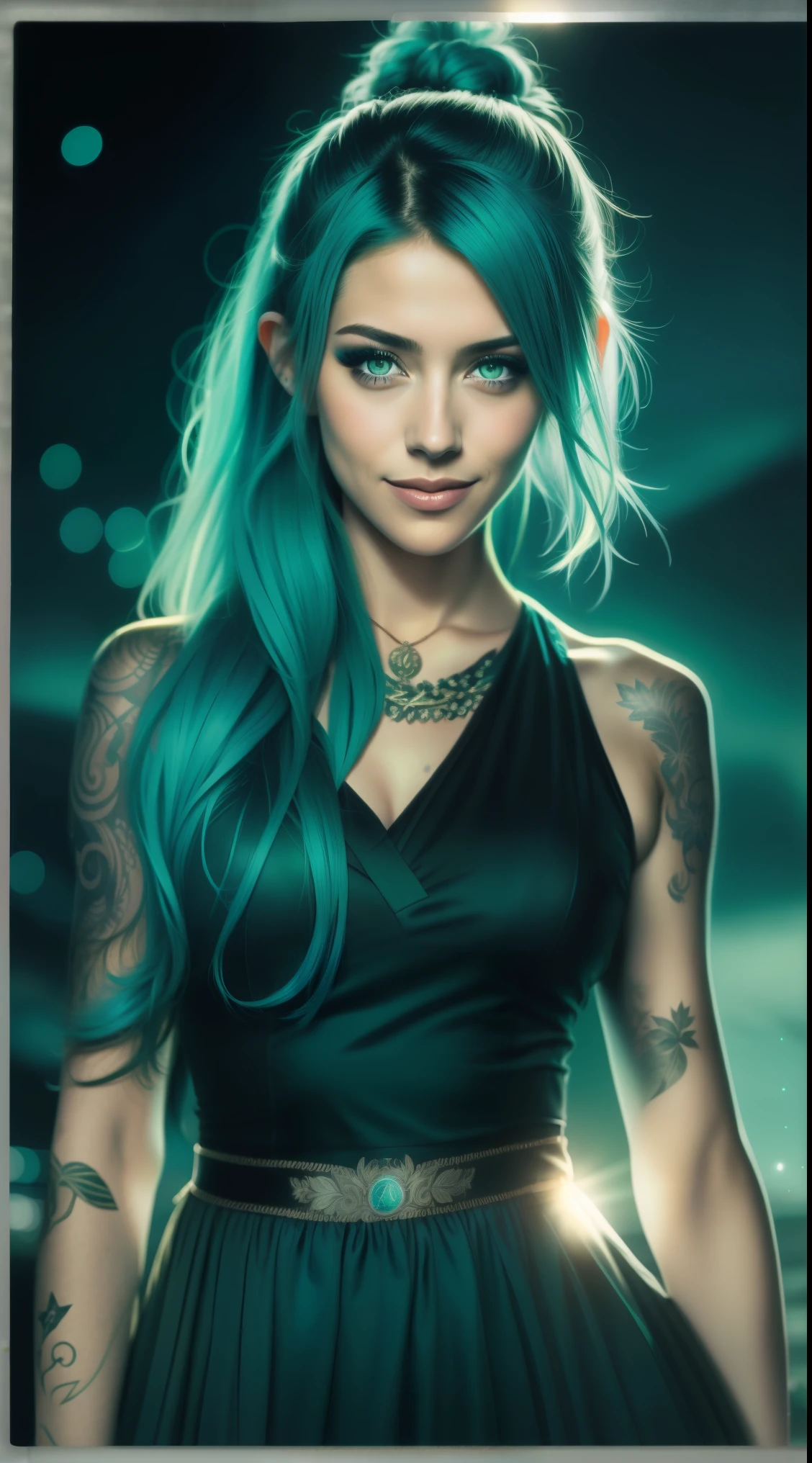 Woman with blue hair and a tattoo, ,wearing black blaser, skirt, photorealistic costume style, dark turquoise and light emerald, realistic marine paintings, uhd image, spirals, aurorapunk (masterpiece, side lighting, beautiful finely detailed eyes: 1.2 ), hdr,night scene, up close photo of a sexy naked girl, posing, looking at a camera and smiling, pink ponytail hair, (green eyes: 0.8), beautiful young face, 18 yo, soft volumetric lights, (backlit: 1.3), (cinematic: 1.3), intricate details, (ArtStation: 1.2)