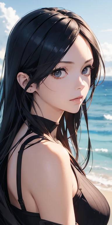 (masutepiece:1.4), (Upper body),a close up of a woman with a very long hair of navy color near the ocean, detailed digital anime art, photorealistic anime girl render,  extremely detailed artgerm, ig model artgerm, realistic anime 3 d style, realistic anime artstyle, artgerm. high detail, anime style 4 k, nico robin