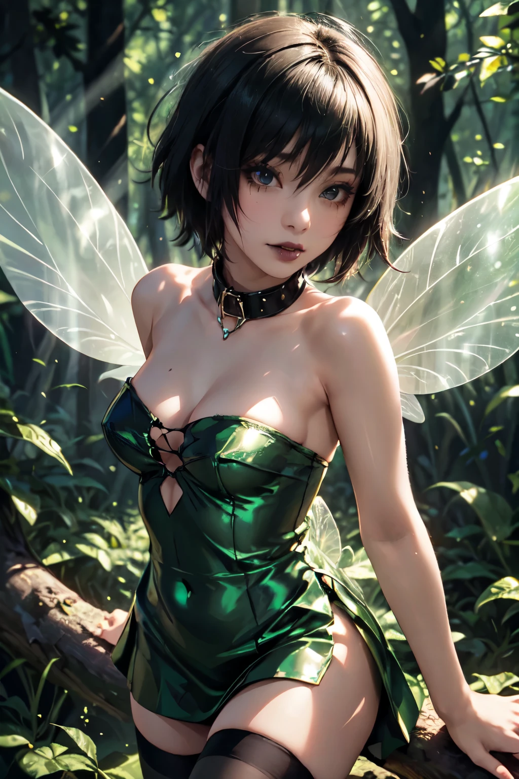 emo_hairstyle, black lipstick, smocky eyes, collar, eyeliner, eye shadow, realistic lighting, short hair, seductive look, Shiny skin, green dress, fairy, transparent wings, Short skirt, thighhighs. Flying, silk dress, medium breast. Forest.