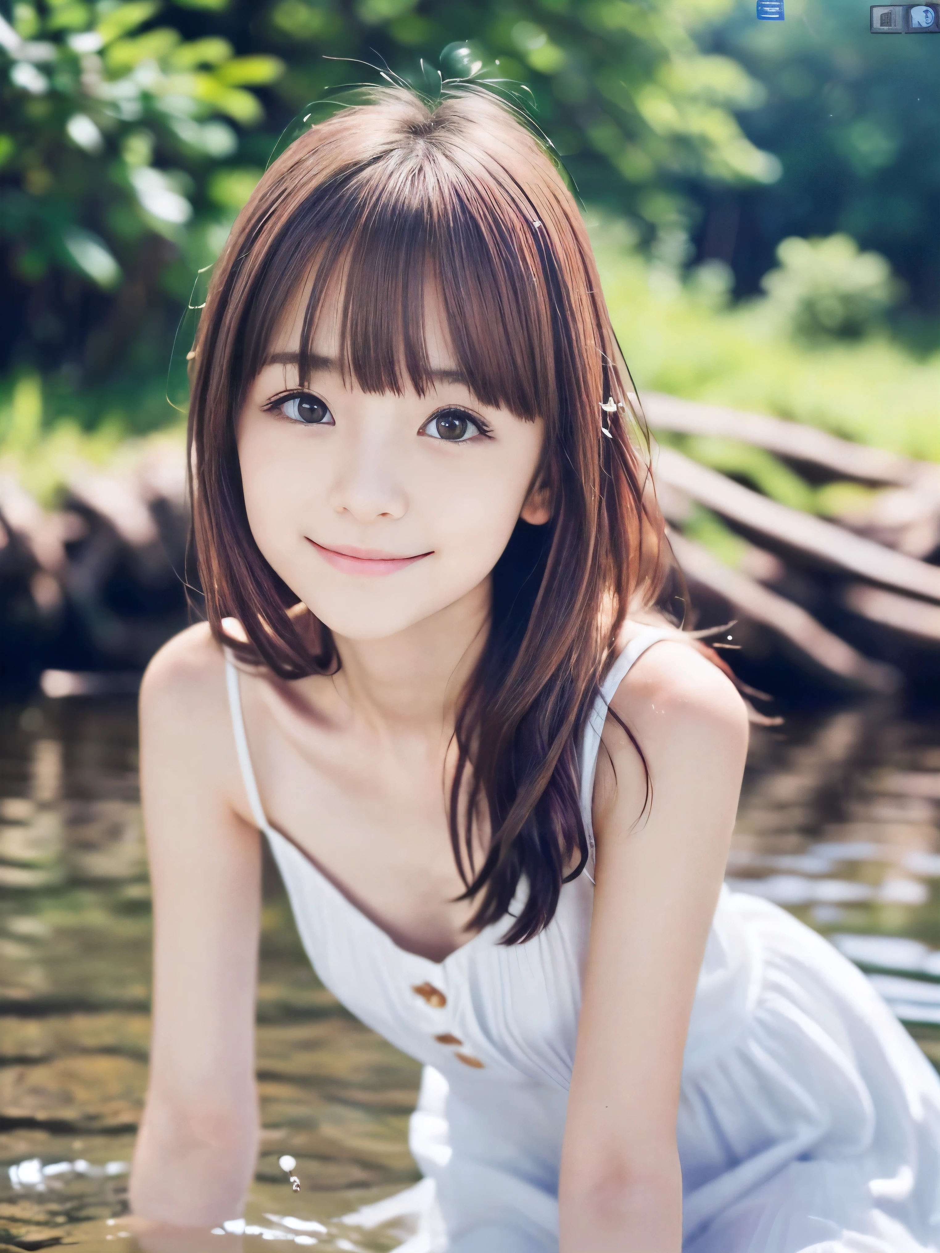 (Close up portrait of slender small-breasted red brown wavy long hair with dull bangs girl wearing a white summer dress:1.5)、(One girl is playing with shy smile in the clear stream and water fall at the forest in Japan:1.5)、(Summer beautiful blue sky and forest:1.5)、(blurred background:1.5)、(8k ultra detailed master piece:1.5)、(perfect anatomy:1.5)、(Photorealistic stick:1.5)、(Raw photo:1.3)、(highest quality:1.5)、(High resolution:1.3)、(Delicate and beautiful perfect face:1.3)、(Delicate and beautiful eye air skin:1.3)、(Real Human Skin:1.3)、((thin legs))