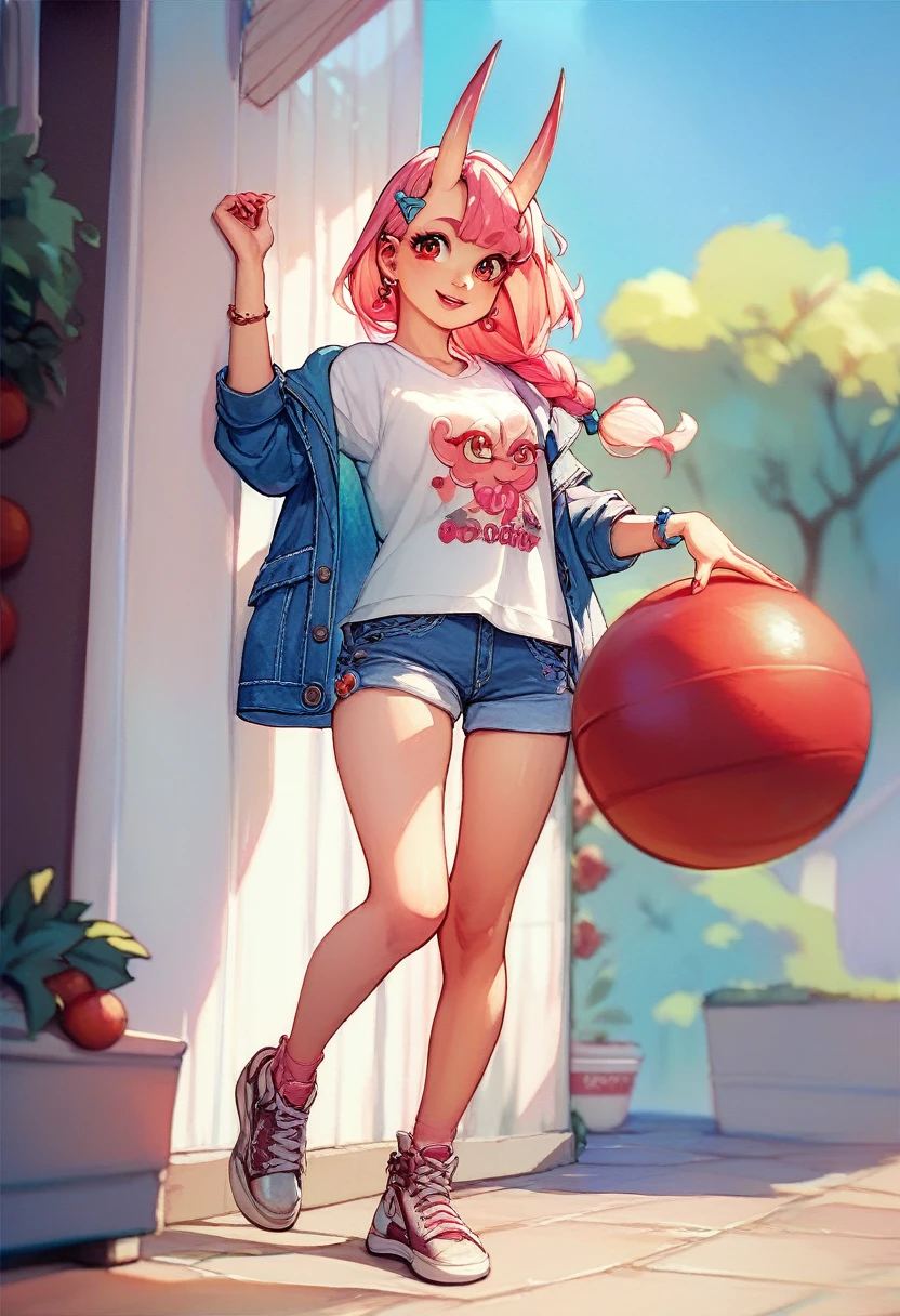 a cute oni girl with small blue horns, long pink hair tied with a red ball clip, red eyes, pink lips, light brown skin, dressed in casual style, white t-shirt, denim jacket, shorts, shoes, cute style, watercolor, HD