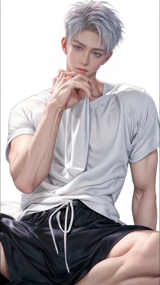 1boy, adult, handsome, perfect face, detailed eyes and face, clean shaved, sixpack, dynamic lighting, unreal engine 5, hd picture, satoru gojo, white hair,  clean armpits without hair ,short hair, blue eyes, white skin, bed mattress details, basketball jersey, white eyelashes