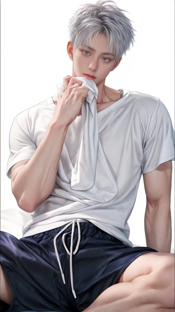 1boy, adult, handsome, perfect face, detailed eyes and face, clean shaved, sixpack, dynamic lighting, unreal engine 5, hd picture, satoru gojo, white hair,  clean armpits without hair ,short hair, blue eyes, white skin, bed mattress details, basketball jersey, white eyelashes