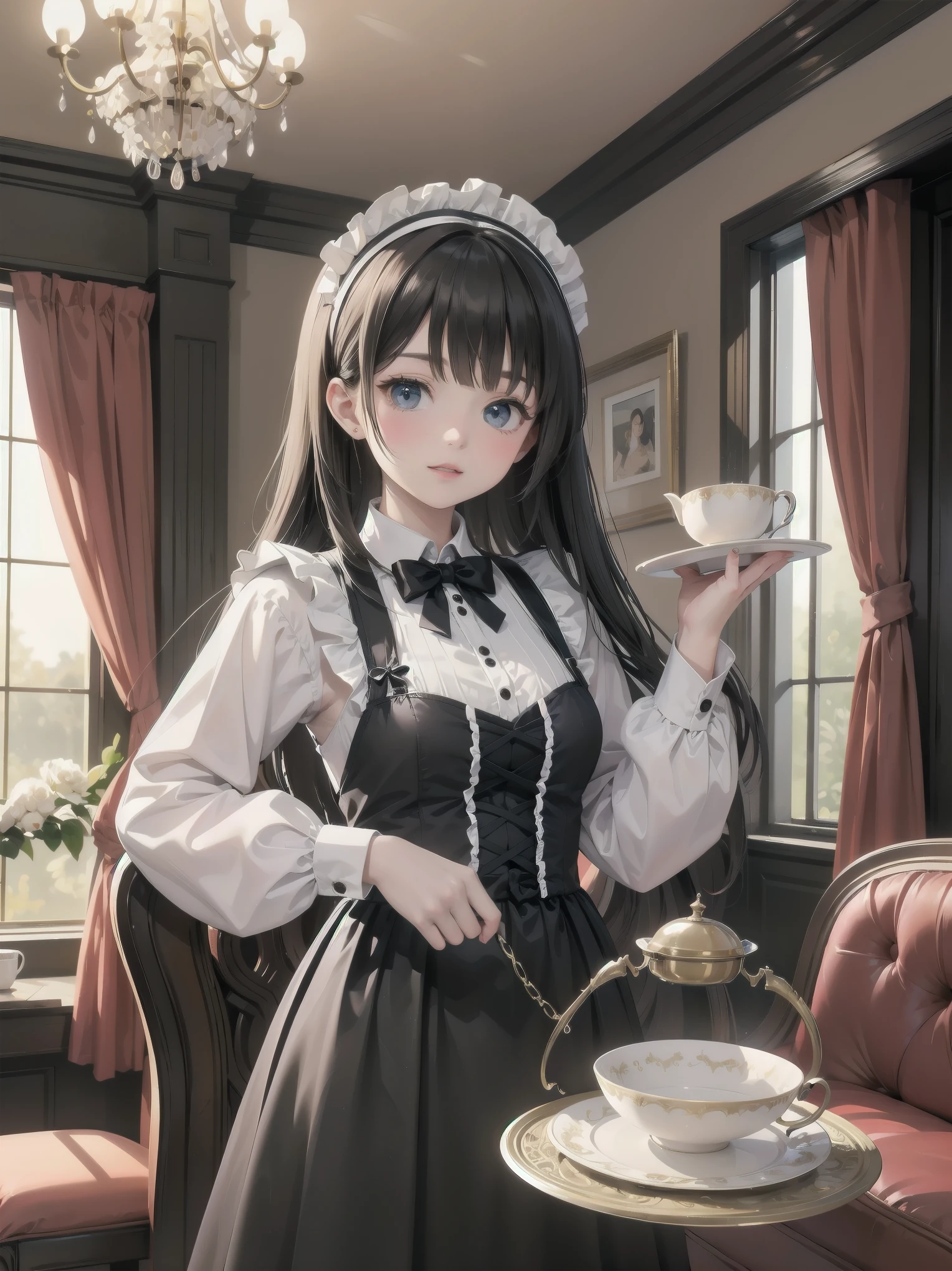 Illustration of a beautiful girl in a cute pose,(Masterpiece: 1.2), (Best quality: 1.2), A cute girl with long black hair, dressed in a classic black and white maid outfit with frilly lace and a matching headband, is standing in a beautifully decorated Victorian-style parlor. She is holding a silver tray with a teapot and teacup, her expression a mix of professionalism and warmth. The background includes ornate furniture, a chandelier, and large windows with heavy drapes, all bathed in soft afternoon light. This illustration emphasizes the elegant and welcoming atmosphere of a high-class tea service