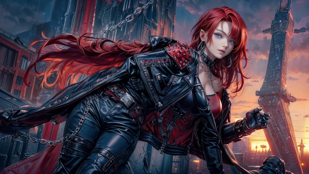 cinematic lighting、highest quality,cyberpunk world、1 female、(20 year old beautiful woman、Detailed beautiful facial featureedium bob red hair、shoulder length hair、Blue eyes:1.4)smile、BREAK,medium bob、（bright red hair:1.5）
BREAK
((dark leather rebellion) theme),（sexy punk rock t-shirt） (full leather outfit with a fitted white color leather jacket,:1.3 ）（leather pants, and chunky boots:1.1), (accessorized with silver chain jewelry and a studded leather belt:1.3)、BREAK.（red hair）
（Evening after the rain、You can see the sunset、A place where you can see futuristic buildings in the distance、A wet place right after the rain:1.2）BREAK（portrait angle）