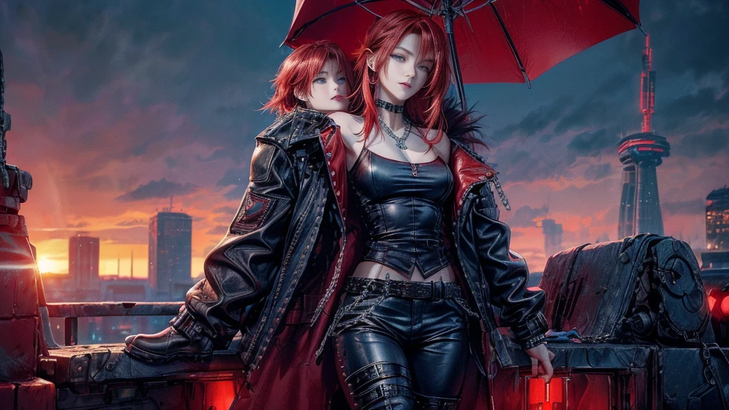 cinematic lighting、highest quality,cyberpunk world、1 female、(20 year old beautiful woman、Detailed beautiful facial featureedium bob red hair、shoulder length hair、Blue eyes:1.4)smile、BREAK,medium bob、（bright red hair:1.5）
BREAK
((dark leather rebellion) theme),（sexy punk rock t-shirt） (full leather outfit with a fitted white color leather jacket,:1.3 ）（leather pants, and chunky boots:1.1), (accessorized with silver chain jewelry and a studded leather belt:1.3)、BREAK.（red hair）
（Evening after the rain、You can see the sunset、A place where you can see futuristic buildings in the distance、A wet place right after the rain:1.2）BREAK（portrait angle）