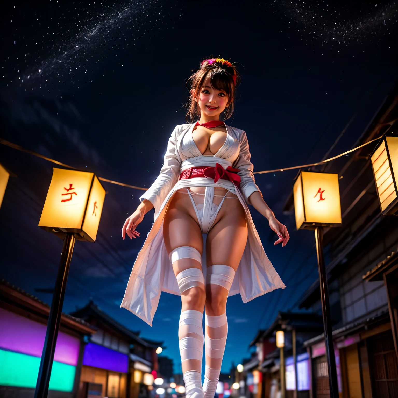 White and Red, ExtremelyDetailed(((GroupPhoto of KAWAII Girls in White Fundoshi and Sarasi Bandage at Hakata Gion Ymakasa))), {(Standing Full Body:1.2)|(from below:1.2)}, {Different types of hair colors|Braid Hair with bun|OKAPPA}, (Detailed KAWAII face, Detailed Radiant PearlSkin with Transparency), {FlowerHairpins | White Happi-Coat with Red Obi-Belt | FoldingFan |(Childish:1.2)|(Gigantic Cleavage:1.2)|(Underboob:1.2)|((Assfocus)Roundly TinyButts)}, (((Bare-Legs, No-Leg-Wear))) BREAK (Acutance:0.85), {Flowers | Downtown|BustlingStreet|(Passerby schoolgirls)| Lanterns | neon | Illuminations | Haze}, {(Dazzling Bullard ColorfulLights)|(Red clouds)}, MysticSight, {:p|:d|laugh|sparkle|joyful|delighted}, DuskSky with ((Dazzling RainbowColor Particles (BokeH))), SFW,