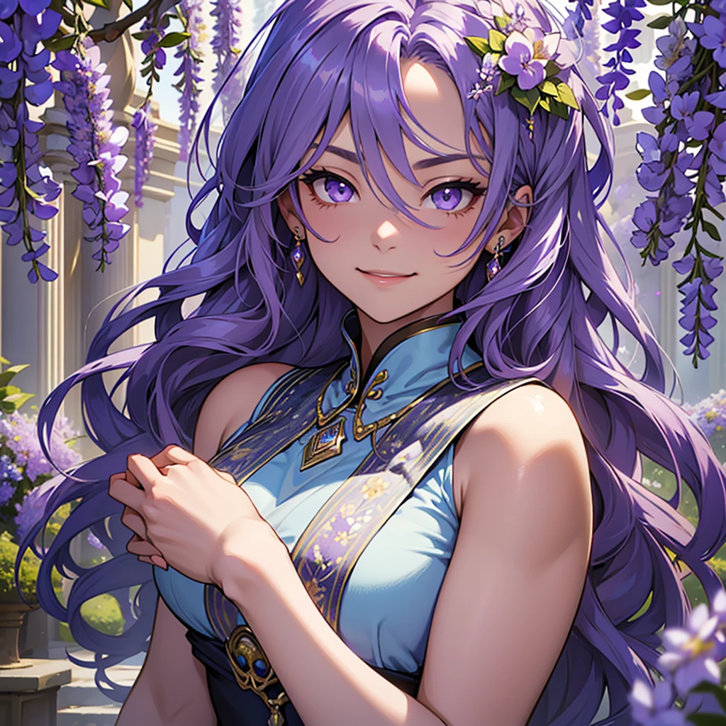 Beautiful woman with loose, wavy purple hair、Eyes are silver。Diamond ornaments in her hair。A strong-willed smile and a dark blue dress with classical decorations。A triumphant expression with one hand on his cheek。Depiction of only the upper body、The background is a European garden with wisteria in bloom.、Tarot card-like feel