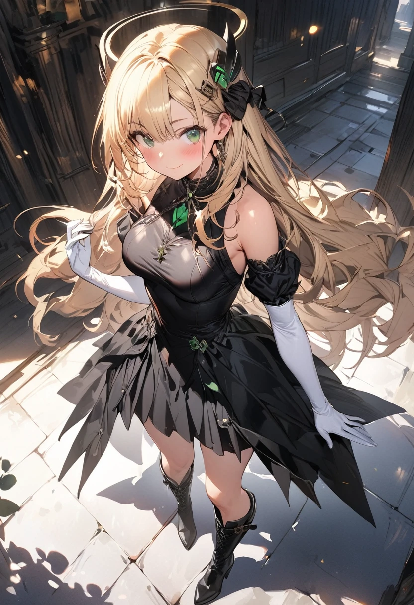 (masterpiece),(best quality),(ultra-detailed),(best illustration),(best shadow),(absurdres),(detailed background),(very aesthetic), 1girl, green-eyes, solo, gloves, blonde-hair, ((long-hair)), white-gloves, looking-at-viewer, full-body, simple-background, boots, dress, breasts, smile, standing, hair-ornament, closed-mouth, bangs, knee-boots, medium-breasts, bare-shoulders, detached-sleeves, ribbon, headgear, blush, sleeveless, elbow-gloves, skirt