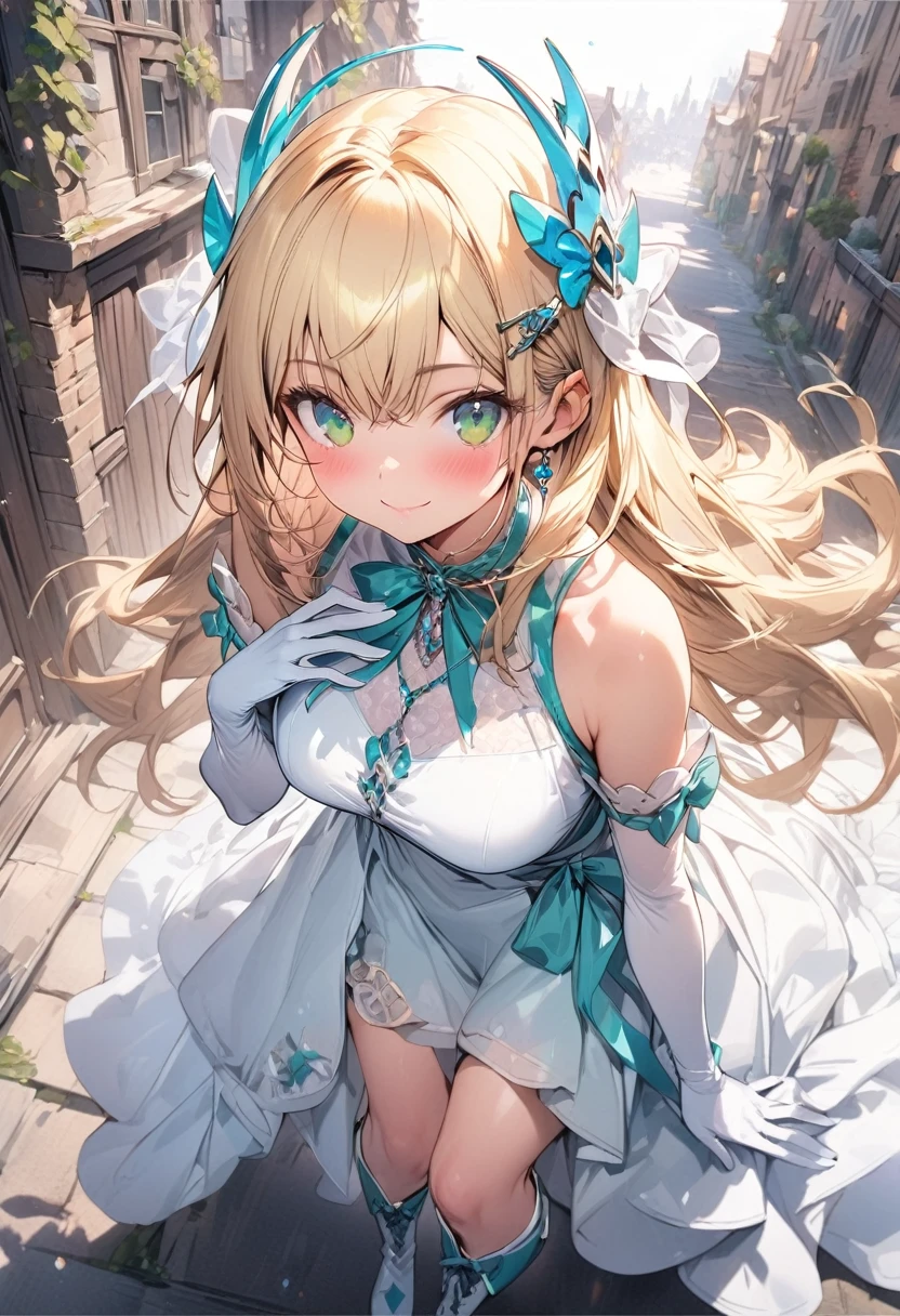 (masterpiece),(best quality),(ultra-detailed),(best illustration),(best shadow),(absurdres),(detailed background),(very aesthetic), 1girl, green-eyes, solo, gloves, blonde-hair, ((long-hair)), white-gloves, looking-at-viewer, full-body, simple-background, boots, dress, breasts, smile, standing, hair-ornament, closed-mouth, bangs, knee-boots, medium-breasts, bare-shoulders, detached-sleeves, ribbon, headgear, blush, sleeveless, elbow-gloves, skirt
