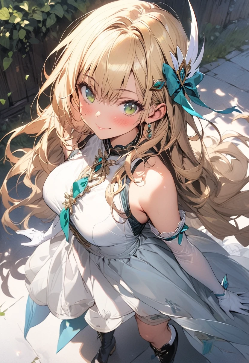 (masterpiece),(best quality),(ultra-detailed),(best illustration),(best shadow),(absurdres),(detailed background),(very aesthetic), 1girl, green-eyes, solo, gloves, blonde-hair, ((long-hair)), white-gloves, looking-at-viewer, full-body, simple-background, boots, dress, breasts, smile, standing, hair-ornament, closed-mouth, bangs, knee-boots, medium-breasts, bare-shoulders, detached-sleeves, ribbon, headgear, blush, sleeveless, elbow-gloves, skirt