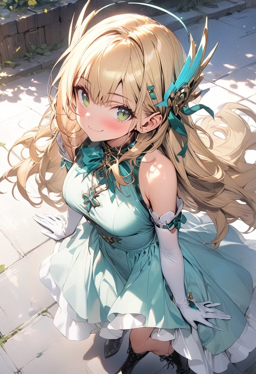 (masterpiece),(best quality),(ultra-detailed),(best illustration),(best shadow),(absurdres),(detailed background),(very aesthetic), 1girl, green-eyes, solo, gloves, blonde-hair, ((long-hair)), white-gloves, looking-at-viewer, full-body, simple-background, boots, dress, breasts, smile, standing, hair-ornament, closed-mouth, bangs, knee-boots, medium-breasts, bare-shoulders, detached-sleeves, ribbon, headgear, blush, sleeveless, elbow-gloves, skirt