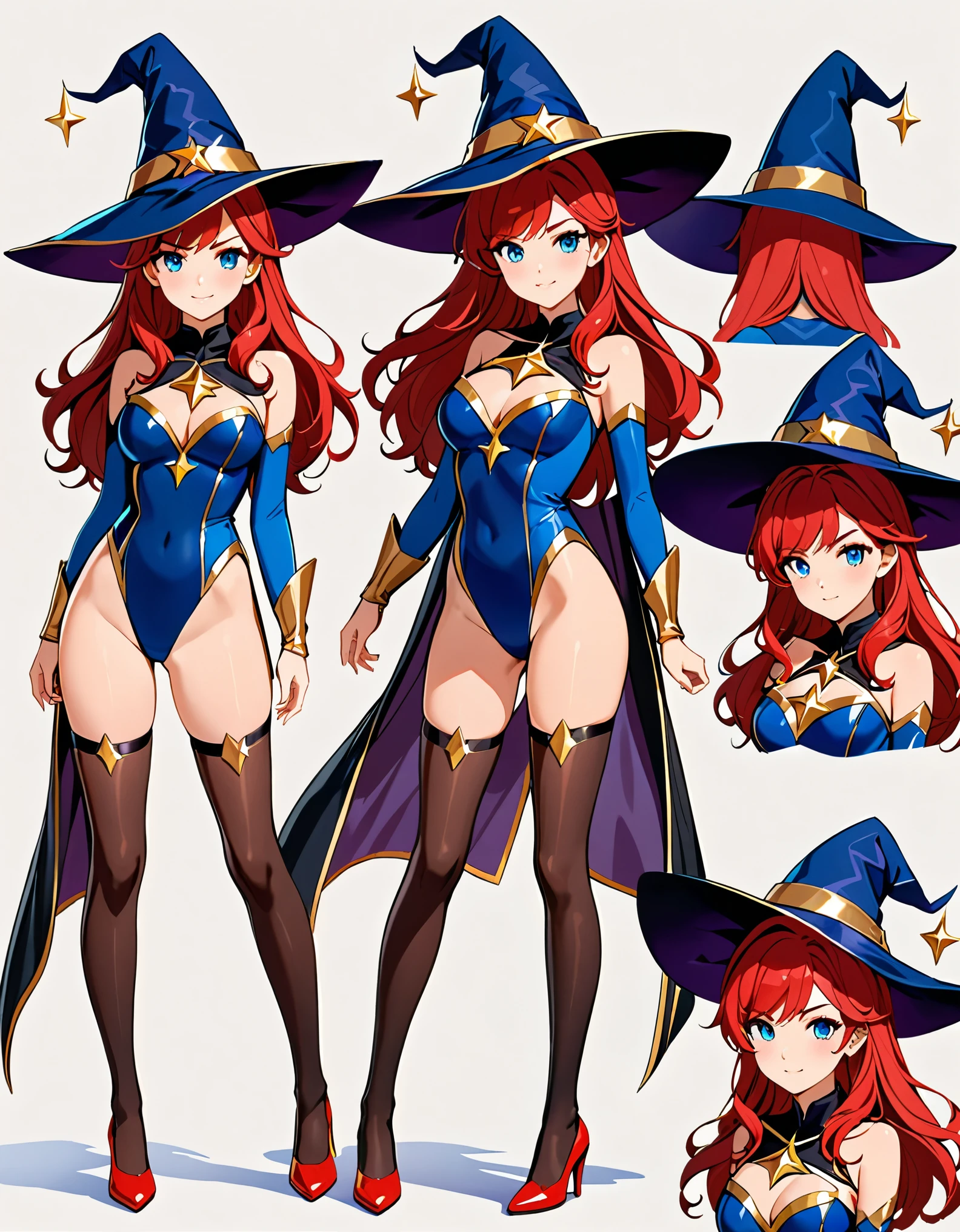 (masterpiece), (best quality), (highres), 1girl, high school student, superhero, superhero sorceress witch, sky witch, (leotard, blue leotard with white accents), bare legs, (blue thigh-highs, red high heels), witch hat, red hair, long hair, blue eyes, beautiful detailed eyes, beautiful detailed face, cute face, medium breasts, age 16-18, solo, solo focus, wonder, Simple background, Multiple Views, Character Sheet Full-Length.