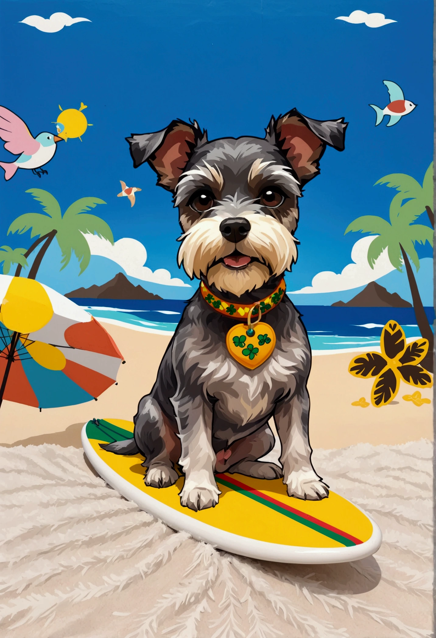 (Highest quality,4K,8k,High resolution,)Private beach in Hawaii at noon、Infinity symbol,3D Model,Colorful colors,Hawaii private beach background、pop、From the central viewer'perspective、Miniature Schnauzer iidsummer style fashion style、To the beach、Full body surfing on a surfboard、face、Under the chin、、Black hair head、White hairy legs、Black furry ears、Skin of a miniature schnauzer、Very delicate