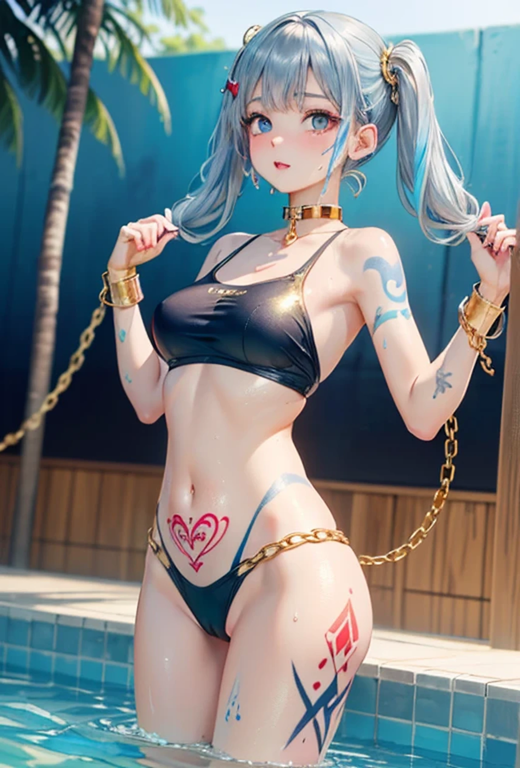 (Super detailed、Ultra-high resolution、8K masterpiece、Vibrant colors)、((Flat Color))、((Floating water))、summer、Poolside、 A woman in a sexy swimsuit、(Angle from below)、(Golden chains on body、Golden handcuffs)、Random Sexy Poses、Sweaty、 ((body paint、Pop tattoo on thigh))、Big Breasts、Spread your legs、 (Tight swimsuit、choker)、cameltoe、Beautiful hip line、Butt、nude、 (Twin tails、Vermilion, blue, silver, golden hair、hair ornaments)、Beautiful blue eyes、Beautiful red lip、(fun)、 TWICE's Tzuyu' on pause