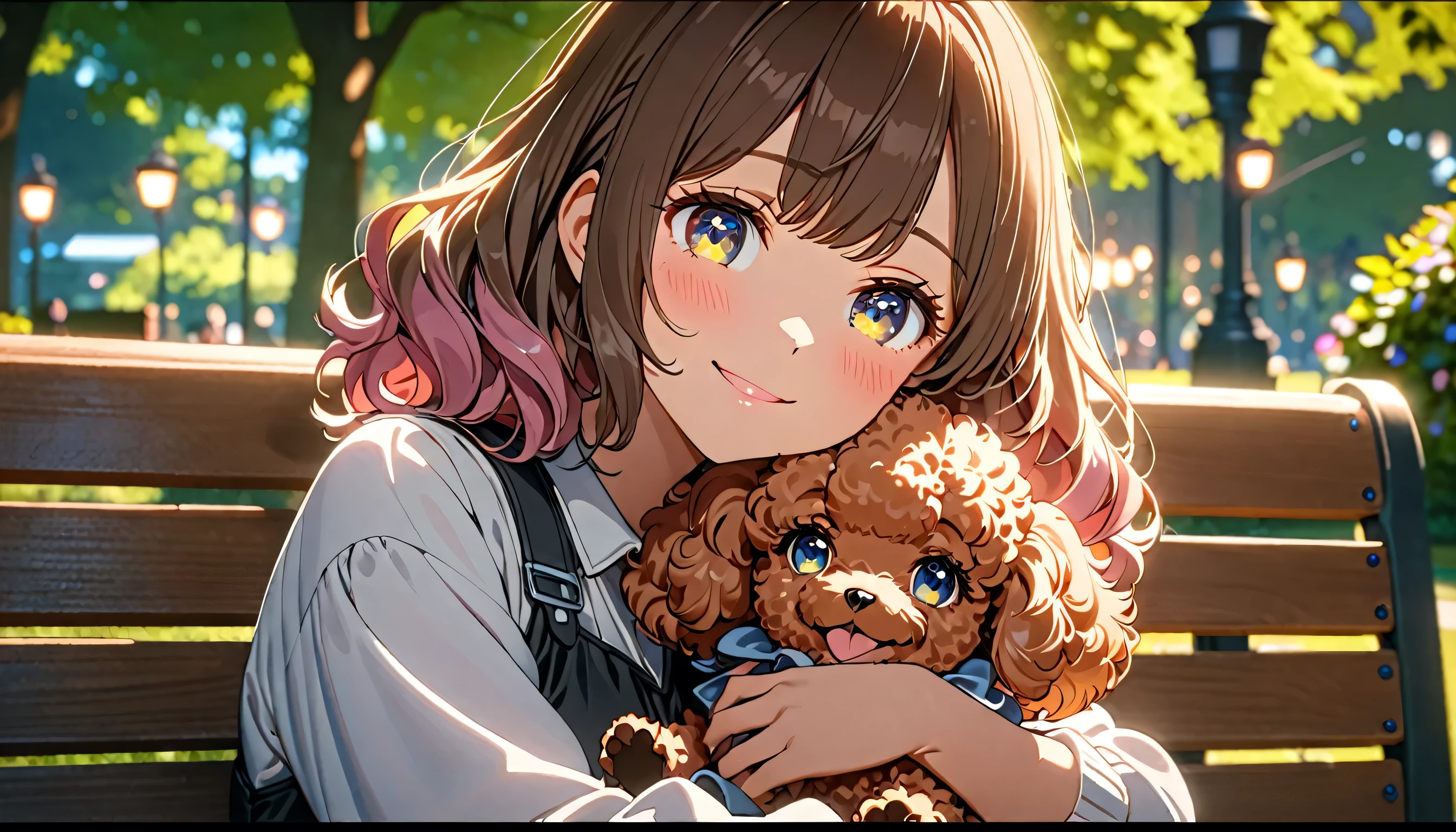 a girl in a park bench with a toy poodle, girl smiling, toy poodle cuddling the girl, detailed face, beautiful eyes, long eyelashes, detailed hair, soft lighting, cinematic, animetic, 8K, (best quality,4k,8k,highres,masterpiece:1.2),ultra-detailed,(animetic:1.37),studio lighting,vivid colors,depth of field
