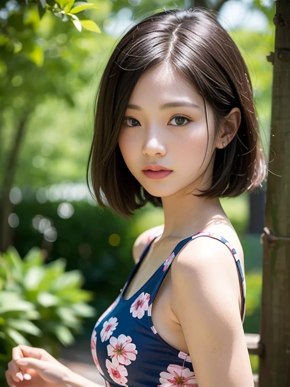、(masterpiece、Highest quality)、Highest quality, Ultra-high resolution, (((masterpiece))), alone, Sweat、Big eyes, Sleeveless、Outdoor、Floral Dress、Composition from the front、(後ろCut your hair short、short hair、bionde、woman)、Shortcuts、Embarrassed face、Cut your hair short、Cute woman's 、Big Breasts、Browsing Caution