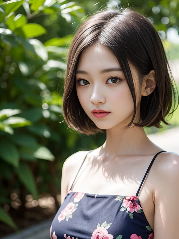 、(masterpiece、Highest quality)、Highest quality, Ultra-high resolution, (((masterpiece))), alone, Sweat、Big eyes, Sleeveless、Outdoor、Floral Dress、Composition from the front、（後ろCut your hair short、short hair、bionde、woman）、Shortcuts、Embarrassed face、Cut your hair short、Cute woman&#39;s 、Big Breasts、Browsing Caution