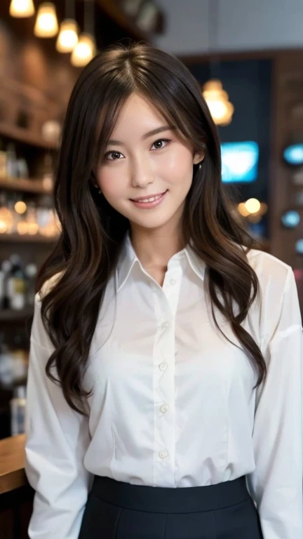 A superb exquisite real beautiful girl, semi-long hair, extremely exquisite facial features, peerless beautiful girl, jacket, collared shirt, slender, small breasts, exposed thighs, pencil skirt, sweet shy smile with teeth, soft, dreamy quality, light white and dark brown, exaggerated facial features, solid color, frank off-white, surreal, ultra-clear, beautiful, cute and lively, background at the bar counter,