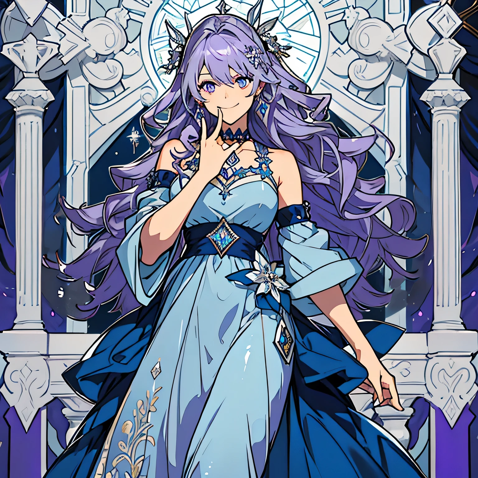 Beautiful girl with loosely wavy purple hair、Eyes are silver。Diamond ornaments in her hair。A strong-willed smile and a dark blue dress with classical decorations。A triumphant expression with one hand on his cheek。
