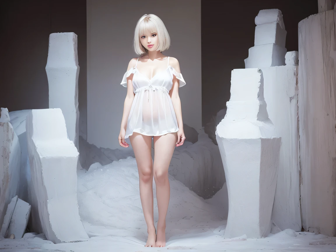Portrait、((Silk material:1.3))、Bright expression、Younger, brighter, whiter skin、Best Looks、Blonde reflection、Platinum blonde hair with dazzling highlights、Shiny bright hair,、Shiny beautiful bangs、Sparkling, clear, attractive big blue eyes、A very beautiful, lovely and cute 16 year old girl、Ample breasts、A seductive gaze、Show off your thighs、((White chemise:1.5))、”dwarf”、(Clothes with short sleeves)、(Full Body Shot)、Side angle、Cowboy Shot、 smile、((Ultra short hair、Berry Short))、(Straight bangs)、(( One woman))、(Waist)、(I can see your thighs)、(Accurate depiction)、((Fuller lips)),Large Breasts、(Don't show your finger)、Pleated skirt、Sit on the bed、