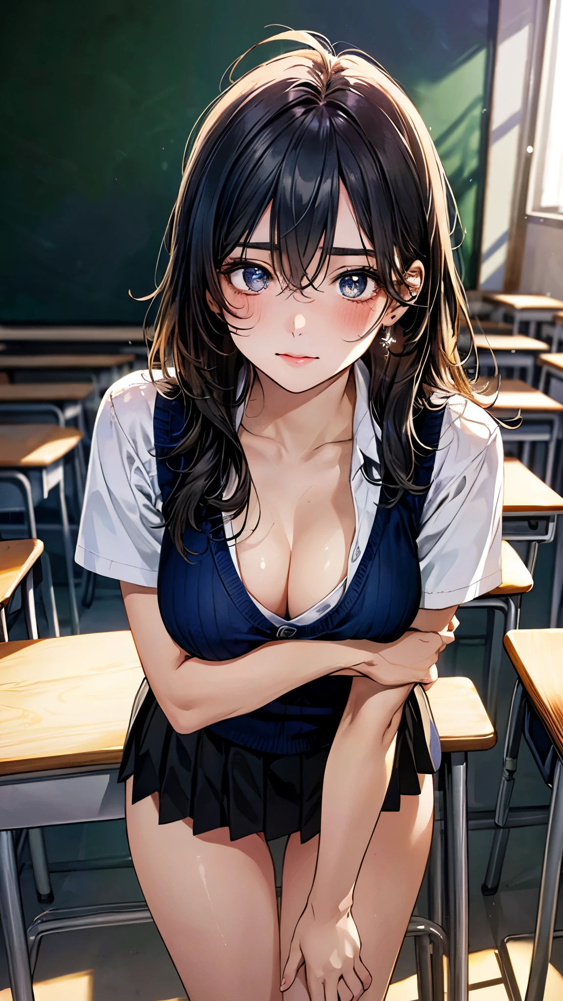 (masterpiece:1.3, top-quality, ultra high res, ultra detailed), (realistic, photorealistic:1.4), beautiful illustration, perfect lighting, colorful, depth of fields, nsfw,
beautiful detailed hair, beautiful detailed face, beautiful detailed eyes, beautiful clavicle, beautiful body, beautiful chest, beautiful thigh, beautiful legs, beautiful fingers,
looking at viewer, 1 girl, high school girl, (perfect anatomy, anatomically correct, super detailed skin), perfect face, perfect eyes, cute and symmetrical face, babyface,
(long hair:1.5, messy hair, black hair), hair between eyes:0.7, marine blue eyes, slant eyes, big eyes, long eye lasher, (medium breasts, seductive thighs), slender, shiny skin, glowing skin,
(navy knit vest with white line, short sleeve white collared shirt, grey pleated skirt), black socks, white panties,
(beautiful scenery), evening, (classroom:1.2), standing, (leaning forward, crossed arms), (raised eyebrow, closed mouth),