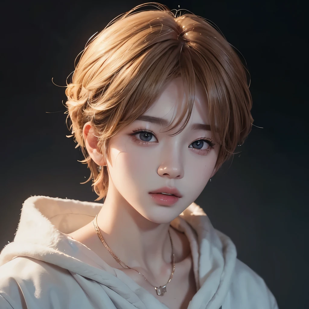 jimin too bts, soft features, by rubio, High Definition, 8k, high quality , small head, well proportioned face, blond hair, model, pose de model icónico, angelic