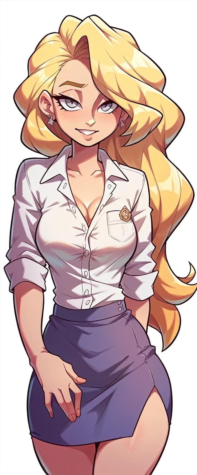 In anime A sexy sensual woman beautiful beautiful attraction long blonde yellow hair her gray eye wears a white button-down office shirt and a short purple skirt Mexico flag love