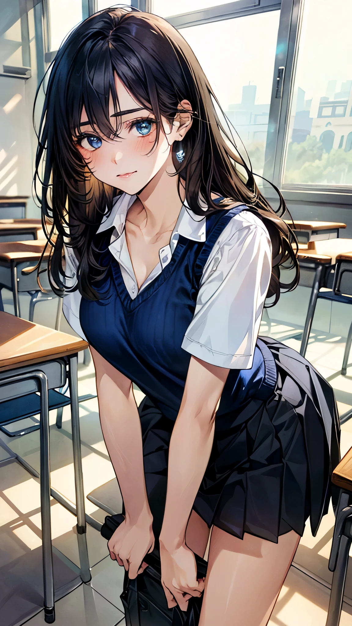 (masterpiece:1.3, top-quality, ultra high res, ultra detailed), (realistic, photorealistic:1.4), beautiful illustration, perfect lighting, colorful, depth of fields, nsfw,
beautiful detailed hair, beautiful detailed face, beautiful detailed eyes, beautiful clavicle, beautiful body, beautiful chest, beautiful thigh, beautiful legs, beautiful fingers,
looking at viewer, 1 girl, high school girl, (perfect anatomy, anatomically correct, super detailed skin), perfect face, perfect eyes, cute and symmetrical face, face,
(long hair:1.5, messy hair, black hair), hair between eyes:0.7, marine blue eyes, slant eyes, big eyes, long eye lasher, (medium breasts, seductive thighs), slender, shiny skin, glowing skin,
(navy knit vest with white line, short sleeve white collared shirt, grey pleated skirt), black socks, white panties,
(beautiful scenery), evening, (classroom:1.2), standing, (leaning forward, crossed arms), (raised eyebrow, closed mouth),