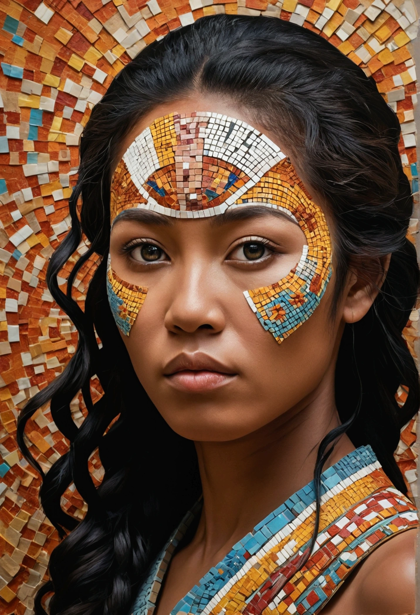 A cinematic, captivating, and intricate artwork by talented artist Schnella. The piece features a close-up, mosaic-style portrait of a Japanese woman from Papua New Guinea, using paper squares with unique colors and textures. The collage technique creates a complex, visually stunning image, with the woman's enchanting eyes serving as the focal point. O fundo é Vibrante, chaotic symphony of colors and patterns, adding depth and complexity. This mesmerizing illustration, painting-like, or poster shows the artist's exceptional skill, creativity, and ability to create a truly cinematic masterpiece., painting-like, Vibrant, cinematic, posters, nude illustration in a photo shoot