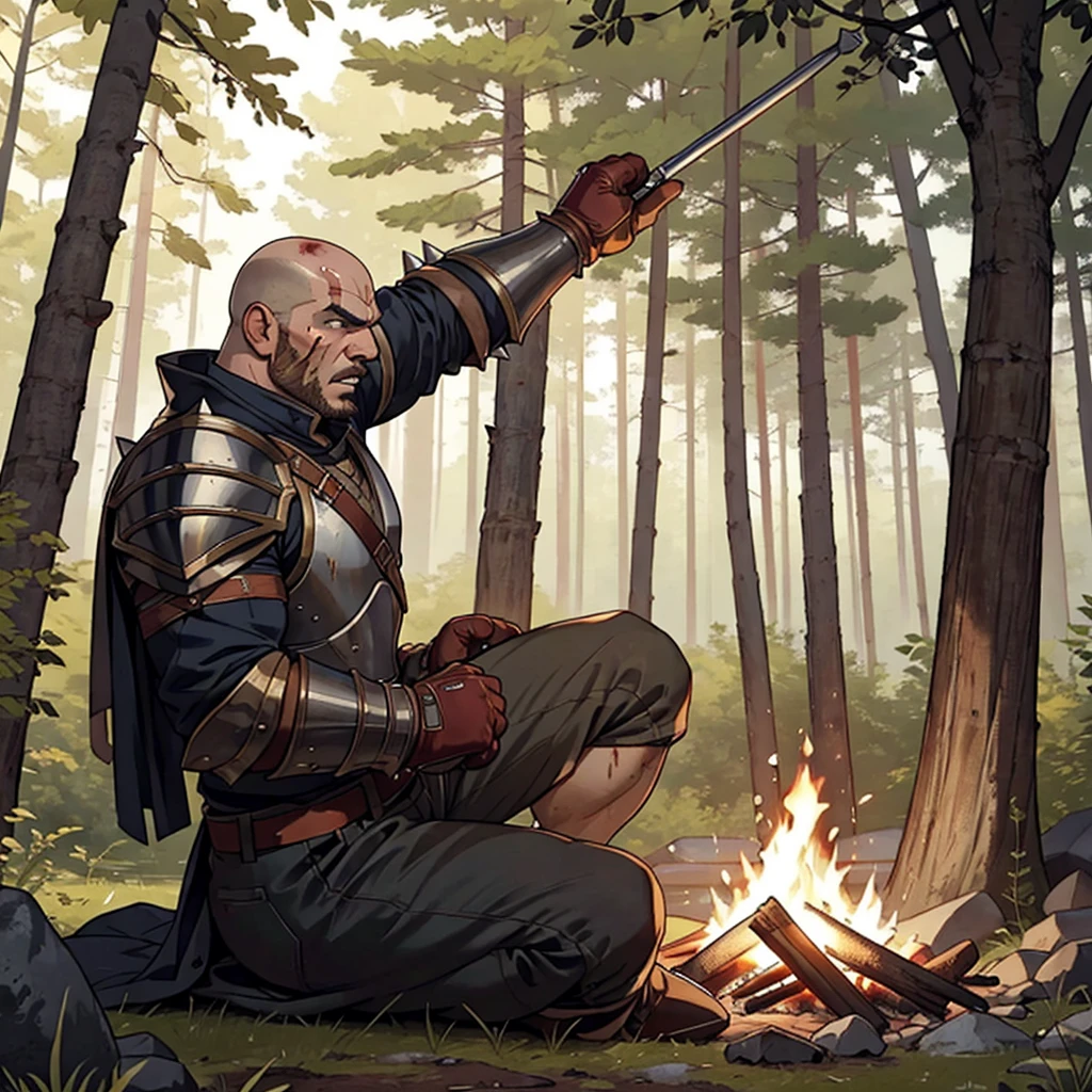 At the same time, a sturdy man in leather armor is sitting by the campfire and greedily eating a smoked ham. His shoulders and mittens are decorated with iron spikes with traces of dried blood. His head is shaved bald, and whitish scars are visible on his face. A round shield with iron edges is visible behind his back, and a spiked flail hangs from his belt. The man glares angrily around, sometimes shouting at the bandits wandering nearby. His body is wide, his face is decorated with a massive square nose. Forest behind him