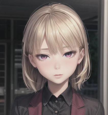 best quality, ultra high res, (photorealistic:1.4), 1girl, button shirt, black skirt, school, dark brown hair, breasts, (blonde hair:1.2), looking at viewer, (highly detailed face:1.1),,  (PureErosFace_V1:0.8),tiktok,  