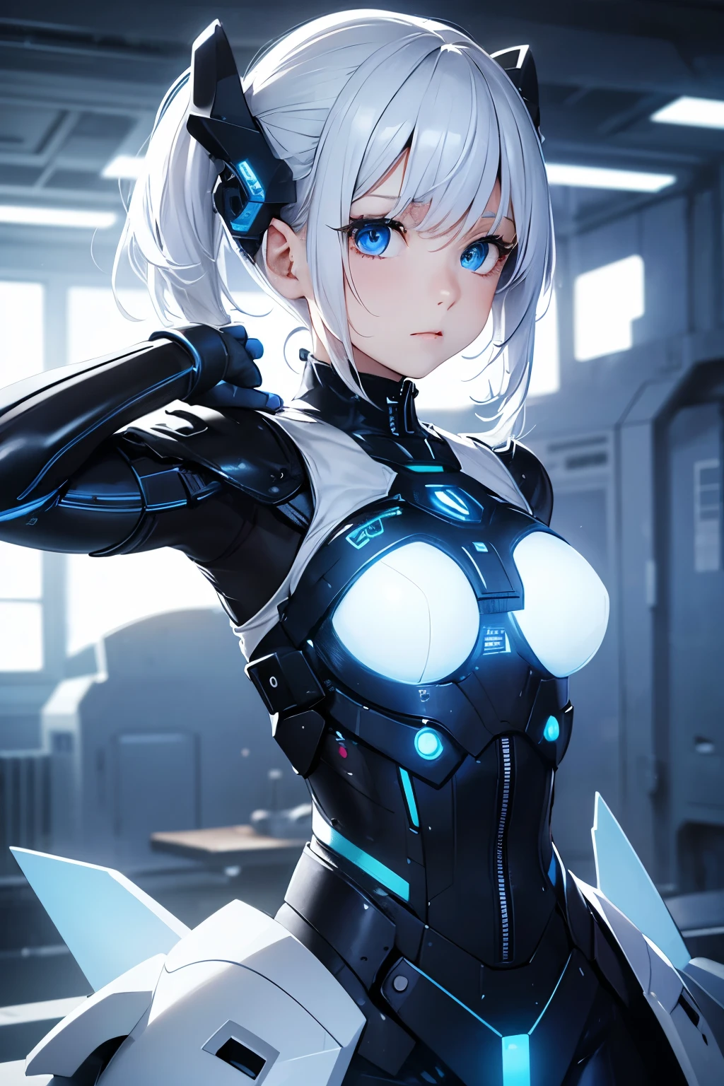 Ultra realistic, girl 8 year old , white hair, Headpones, blue eyes , flatchest , technological suit maid , leds , leotard style, futuristic, android girl. Mechanical arms. Mansion