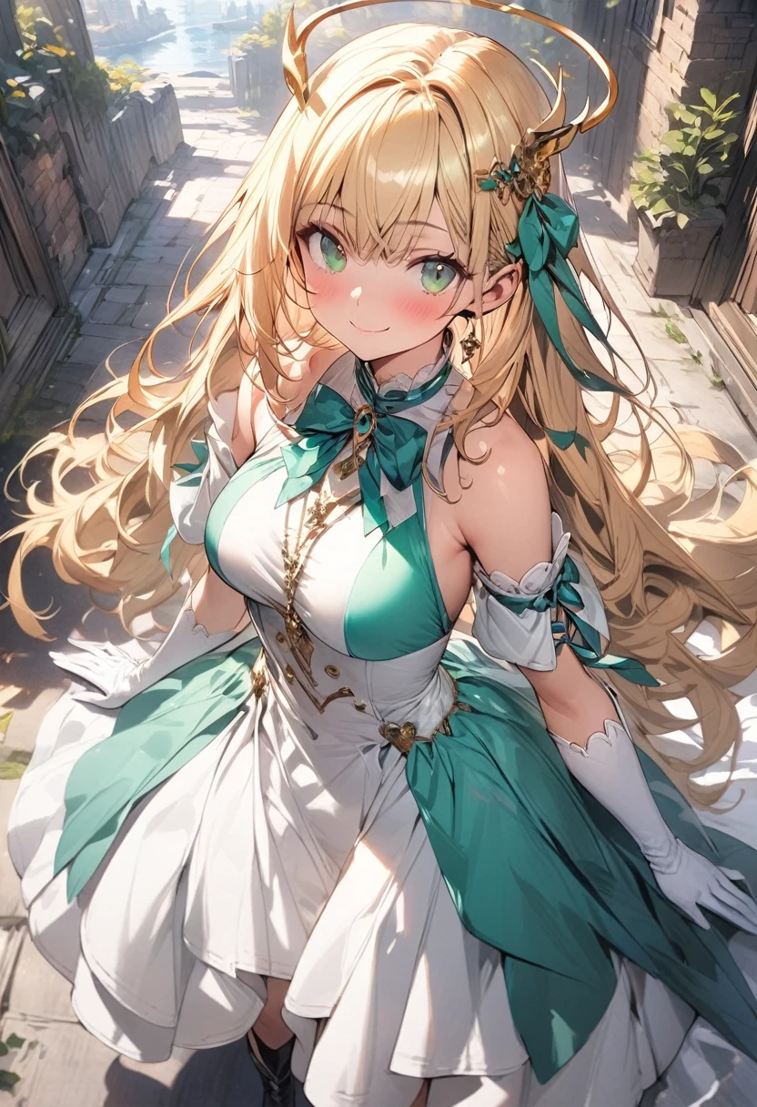 (masterpiece),(best quality),(ultra-detailed),(best illustration),(best shadow),(absurdres),(detailed background),(very aesthetic), 1girl, green-eyes, solo, gloves, blonde-hair, ((long-hair)), white-gloves, looking-at-viewer, full-body, simple-background, boots, dress, breasts, smile, standing, hair-ornament, closed-mouth, bangs, knee-boots, medium-breasts, bare-shoulders, detached-sleeves, ribbon, headgear, blush, sleeveless, elbow-gloves, skirt
