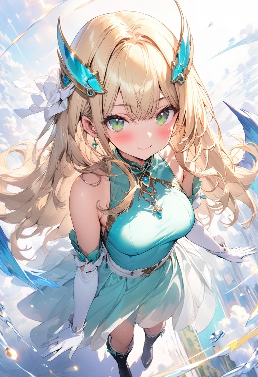 (masterpiece),(best quality),(ultra-detailed),(best illustration),(best shadow),(absurdres),(detailed background),(very aesthetic), 1girl, green-eyes, solo, gloves, blonde-hair, ((long-hair)), white-gloves, looking-at-viewer, full-body, simple-background, boots, dress, breasts, smile, standing, hair-ornament, closed-mouth, bangs, knee-boots, medium-breasts, bare-shoulders, detached-sleeves, ribbon, headgear, blush, sleeveless, elbow-gloves, skirt
