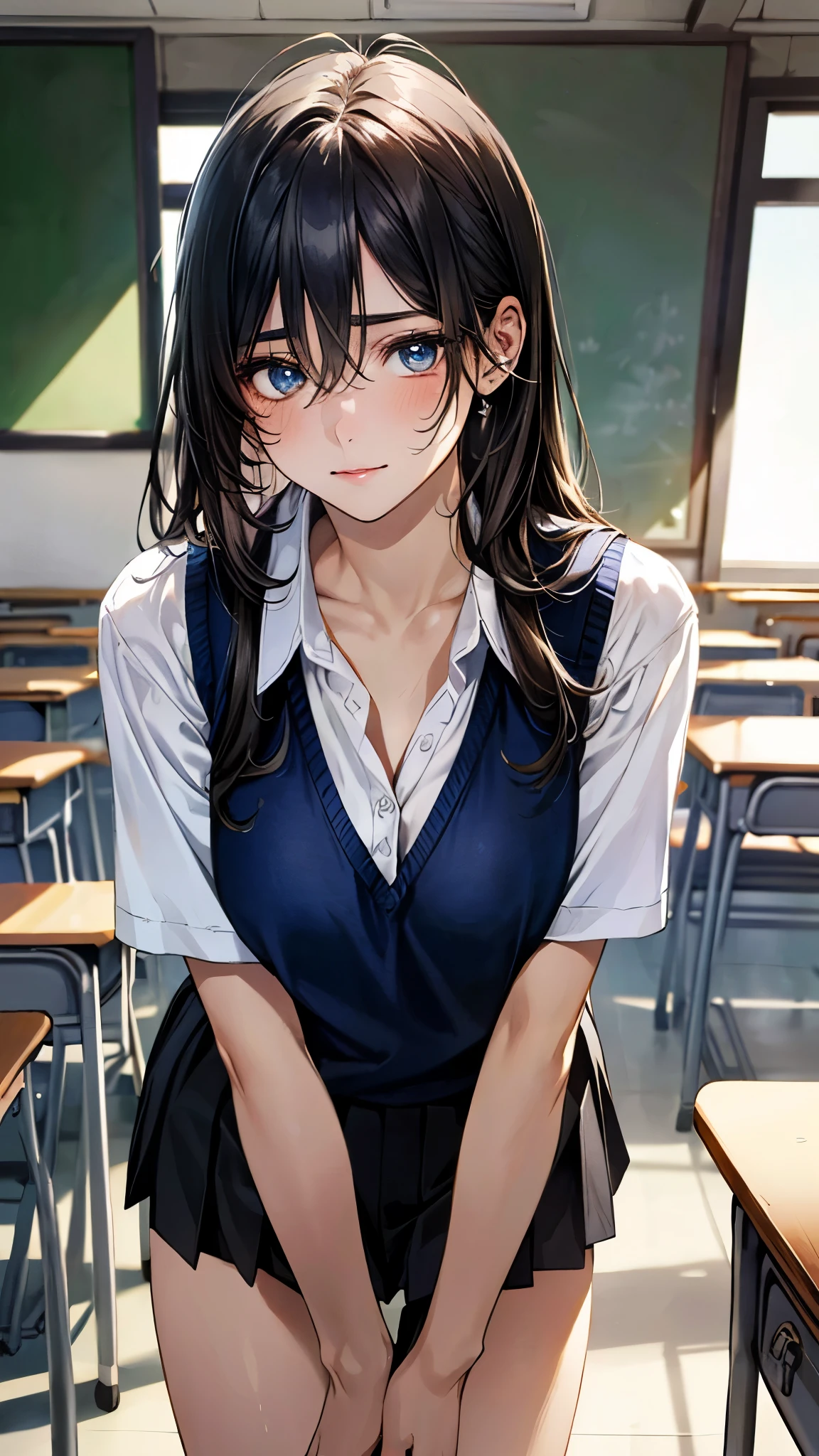 (masterpiece:1.3, top-quality, ultra high res, ultra detailed), (realistic, photorealistic:1.4), beautiful illustration, perfect lighting, colorful, depth of fields, nsfw, 
beautiful detailed hair, beautiful detailed face, beautiful detailed eyes, beautiful clavicle, beautiful body, beautiful chest, beautiful thigh, beautiful legs, beautiful fingers, 
looking at viewer, 1 girl, high school girl, (perfect anatomy, anatomically correct, super detailed skin), perfect face, perfect eyes, cute and symmetrical face, babyface, 
(long hair:1.5, messy hair, black hair), hair between eyes:0.7, marine blue eyes, slant eyes, big eyes, long eye lasher, (medium breasts, seductive thighs), slender, shiny skin, glowing skin, 
(navy knit vest with white line, short sleeve white collared shirt, grey pleated skirt), black socks, white panties, 
(beautiful scenery), evening, (classroom:1.2), standing, (fold arms, crossed arms, leaning forward), (raised eyebrow, closed mouth),