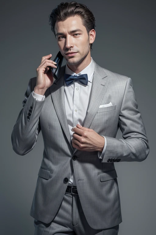 Happy man in gray suit talks on the phone