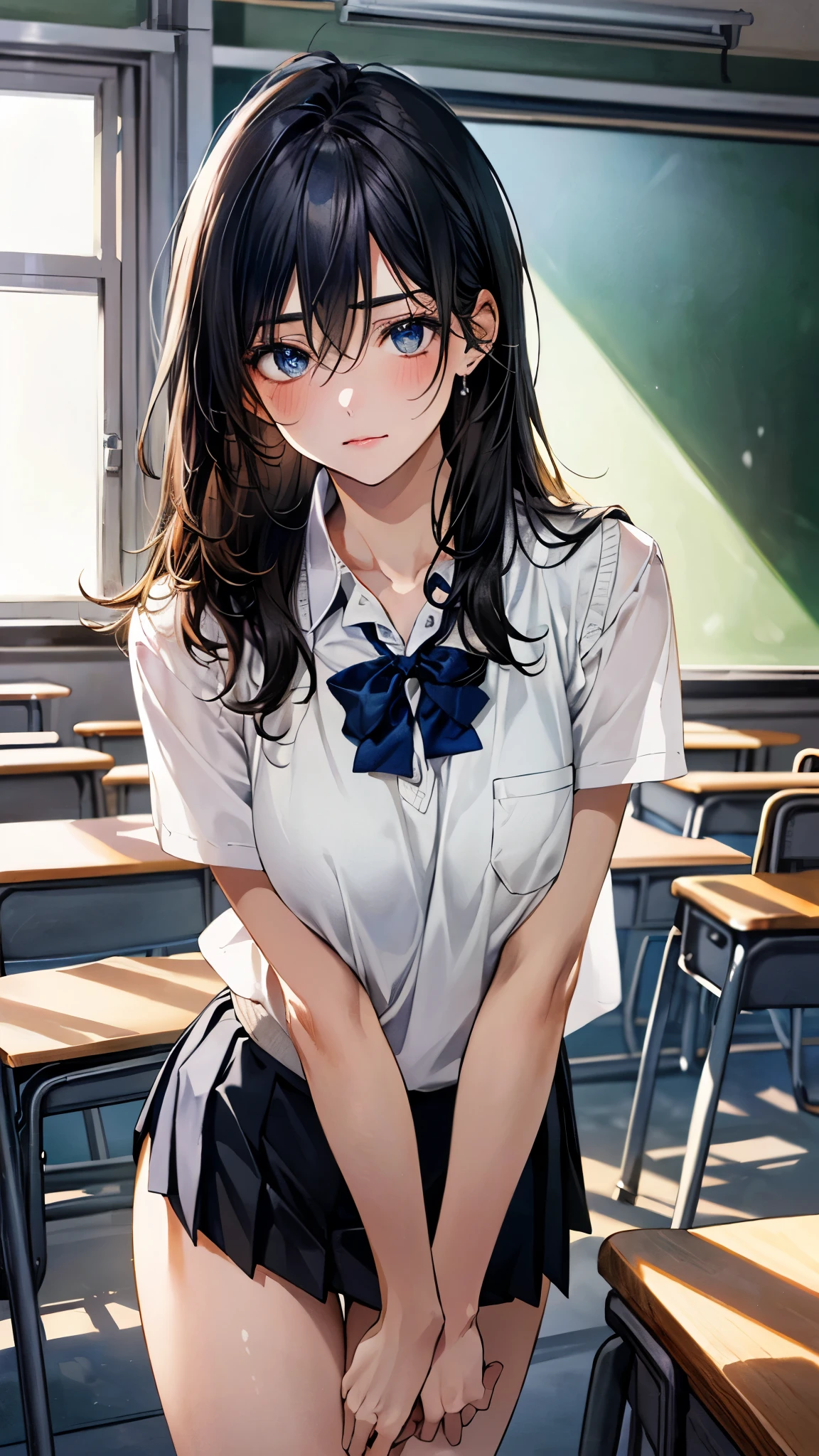 (masterpiece:1.3, top-quality, ultra high res, ultra detailed), (realistic, photorealistic:1.4), beautiful illustration, perfect lighting, colorful, depth of fields, nsfw,
beautiful detailed hair, beautiful detailed face, beautiful detailed eyes, beautiful clavicle, beautiful body, beautiful chest, beautiful thigh, beautiful legs, beautiful fingers,
looking at viewer, 1 girl, high school girl, (perfect anatomy, anatomically correct, super detailed skin), perfect face, perfect eyes, cute and symmetrical face, face,
(long hair:1.5, messy hair, black hair), hair between eyes:0.7, marine blue eyes, slant eyes, big eyes, long eye lasher, (medium breasts, seductive thighs), slender, shiny skin, glowing skin,
(navy knit vest with white line, short sleeve white collared shirt, grey pleated skirt), black socks, white panties,
(beautiful scenery), evening, (classroom:1.2), standing, (fold arms, crossed arms, leaning forward), (raised eyebrow, closed mouth),